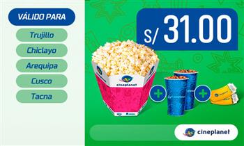 Cineplanet 2 entradas 2D 2 bebidas cancha gigante recargable