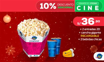 Cineplanet 2 entradas 2D 2 bebidas cancha gigante recargable