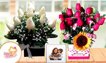 Arreglo floral Box con 12 rosas foto personalizada imantada 10x15