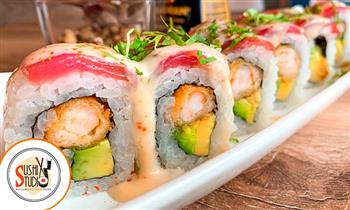 20 suculentos cortes de makis Yakimeshi de pollo nikkei bebida cortesia y mas
