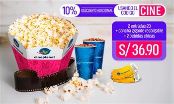 Cineplanet 2 entradas 2D 2 bebidas cancha gigante recargable