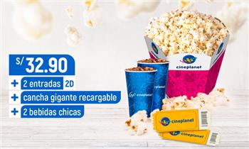 Cineplanet 2 entradas 2D 1 Popcorn gigante recargable 2 bebidas chicas Valido para Lima y Provincias