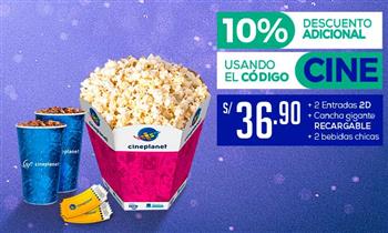 Cineplanet 2 entradas 2D 2 bebidas cancha gigante recargable