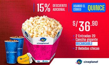 Cineplanet 2 entradas 2D 2 bebidas cancha gigante recargable