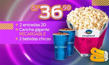 Cineplanet 2 entradas 2D 2 bebidas cancha gigante recargable