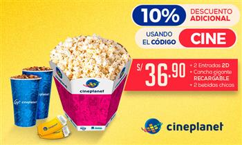 Cineplanet 2 entradas 2D 2 bebidas cancha gigante recargable