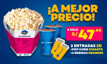 CINEPLANET: 2 entradas  2D + 2 bebidas grandes + Pop corn gigante. Lunes a Domingo