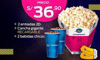 Cineplanet 2 entradas 2D 2 bebidas cancha gigante recargable