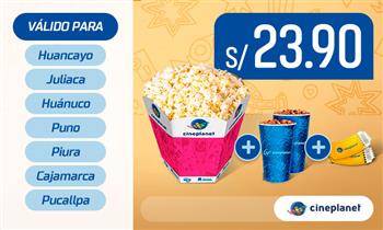 Cineplanet 2 entradas 2D 2 bebidas cancha gigante recargable