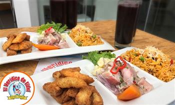 Veridico de Fidel arroz con mariscos ceviche chicharron de pescado refil de chicha