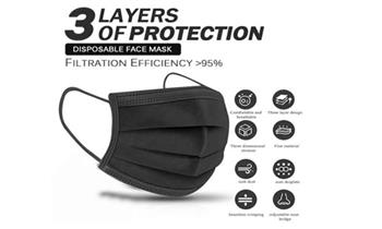 250 unidades 5 cajas de mascarillas de 3 pl NEGRAS con ajuste nasal¡Delivery en 24hrs!