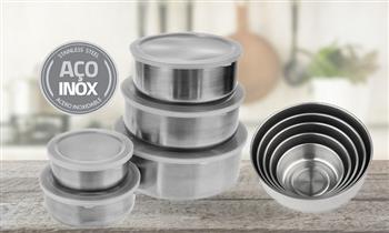 Set 5 Bowls de Acero Inoxidable con tapa plastica ¡Delivery en 24hrs!