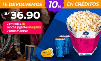Cineplanet 2 entradas 2D 2 bebidas cancha gigante recargable