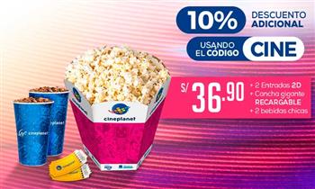 Cineplanet 2 entradas 2D 2 bebidas cancha gigante recargable