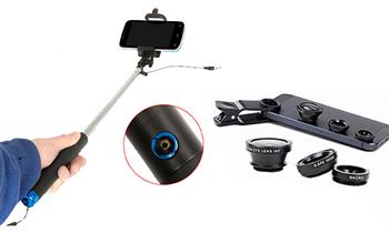 Kit selfie stick lentes ojo de pez gran angular y macro 3 en 1