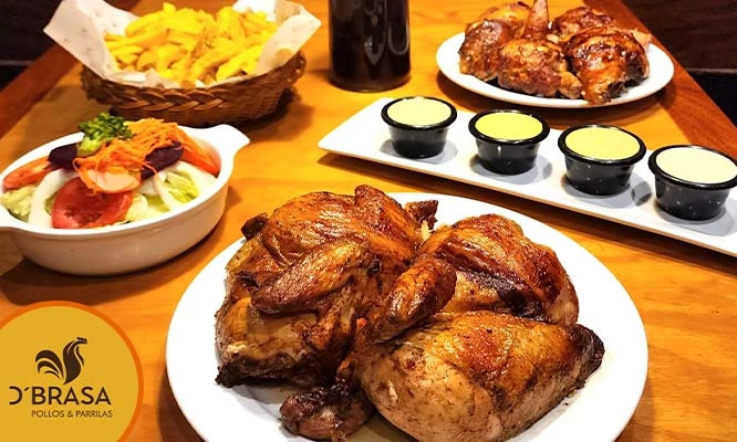 POLLO A LA BRASA: 1 Pollo +  1/4 pollo a la leña + 1 porción de papas nativas fritas + 1 ensalada familiar + Bebida familiar