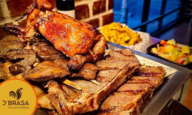 PARRILLA PARA 2: Churrasco, Chuleta, Pollo a la leña,Mollejas, Anticucho, Chorizo, Botella de vino y más