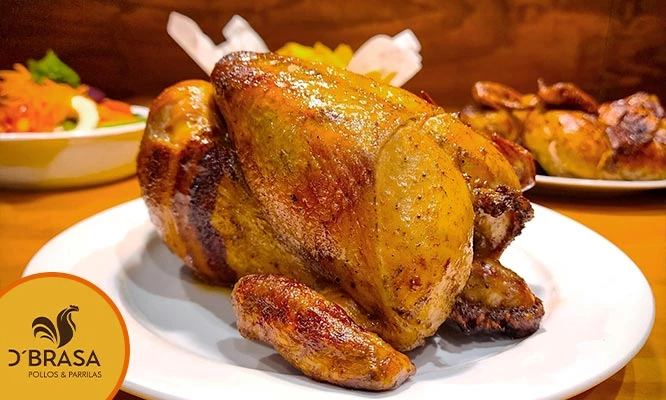 POLLO A LA BRASA: 1 1/4 pollo a la leña + 1 porción de papas nativas fritas + 1 ensalada familiar + Bebida familiar