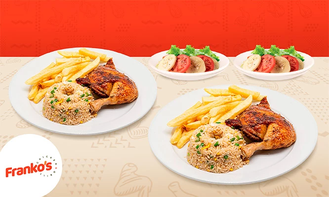 POLLO A LA BRASA: 1 o 2 Mostrazos + Papas fritas + arroz chaufa y mas en Frankos Chicken