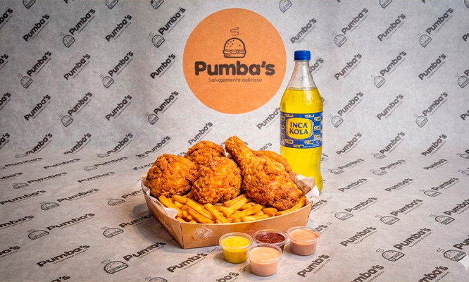 2 Hamburguesas Ruchn junior + 2 papas fritas + 1 Lt. gaseosa Inca kola o Coca Cola para consumo en local o recojo