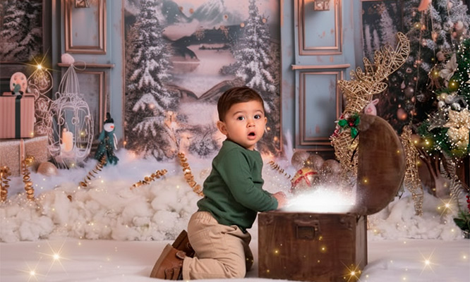Sesión de Fotos Navideñas en Estudio: Escenario, fotos impresas, ampliaciones, ediciones y más