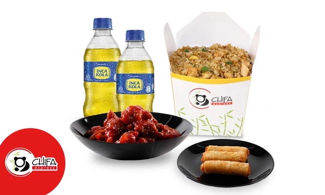 COMBO para compartir:  1 arroz chaufa de pollo familiar + 2 bebidas + 3 spring rolls