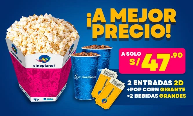 CINEPLANET: 2 entradas  2D + 2 bebidas grandes + Pop corn gigante. Lunes a Domingo
