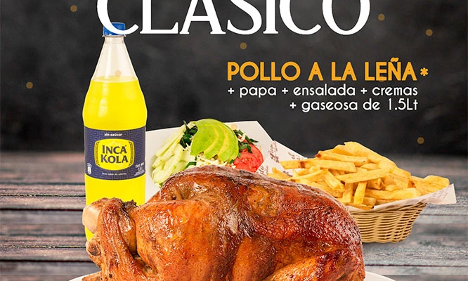 POLLO A LA LEÑA: 1 pollo a la leña, papa, ensalada y cremas + 1 Gaseosa de 1 Litro.