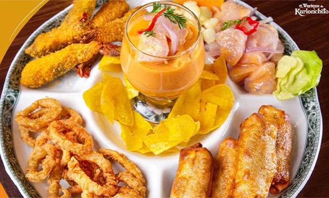 CEVICHE de pescado + rollitos de arroz con pato y más