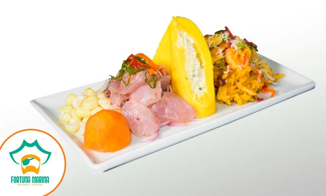 3 PLATOS A ELECCION: Ceviche + Arroz con Marisco + Chicharrón mixto o Causa de pulpa de cangrejo en Fortuna Marina de Los Olivos