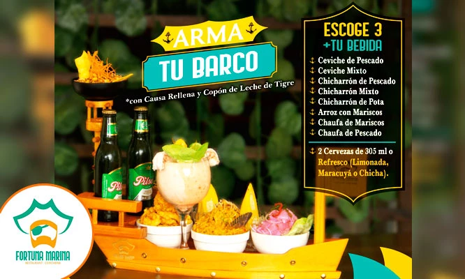 Ceviche + Arroz con Marisco + Chicharrón mixto + Causa de pulpa de cangrejo+ leche de tigre y 2 cervezas 300ml