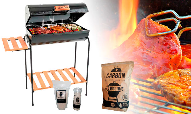 Parrilla Cilindrica con tapa y mesa lateral de madera Carbon x 2kg y mas