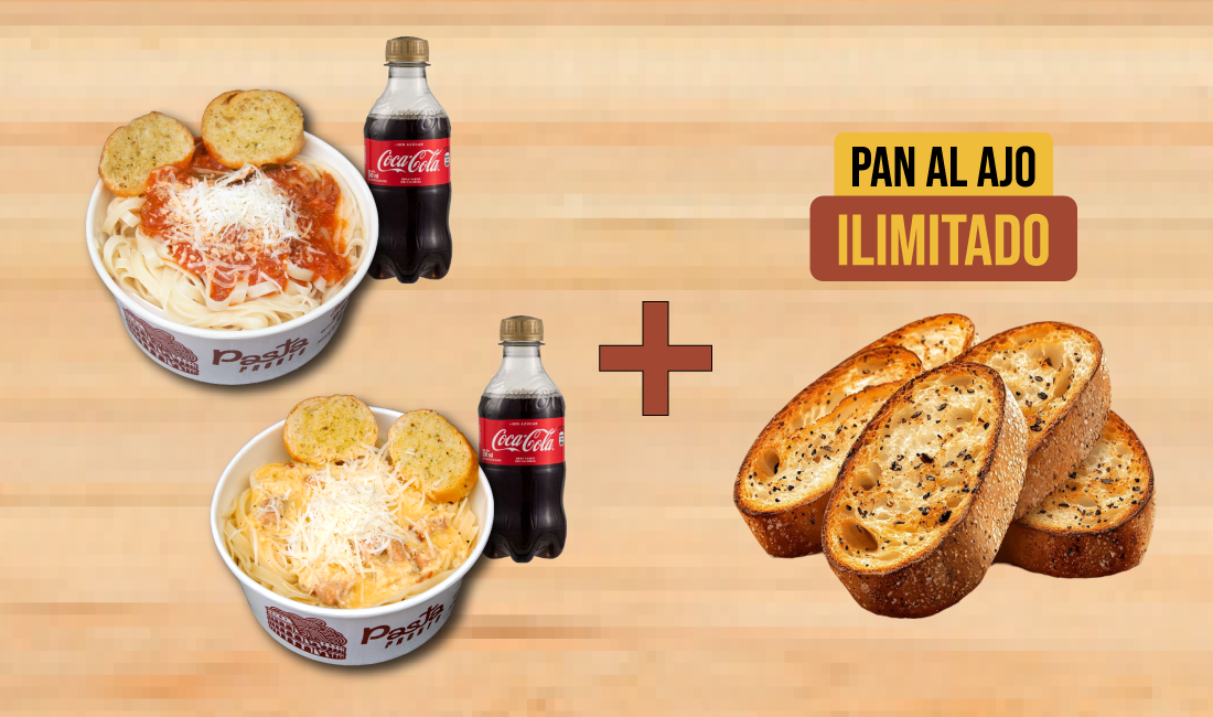 2 porciones de fetuccinis con salsa a elección