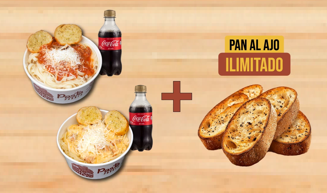 2 porciones de fetuccinis con salsa a elección