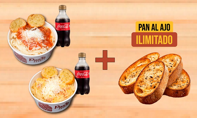 2 porciones de fetuccinis con salsa a elección + 2 gaseosas + pancito