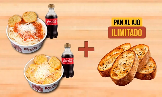 2 porciones de fetuccinis con salsa a elección + 2 gaseosas + pancito