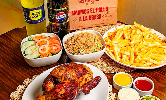 POLLO A LA BRASA: 1 pollos + chaufa + 1 porciones de papas + gaseosa de 1.5 litro y medio