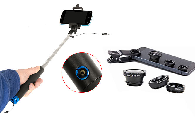 Kit selfie stick lentes ojo de pez gran angular y macro 3 en 1