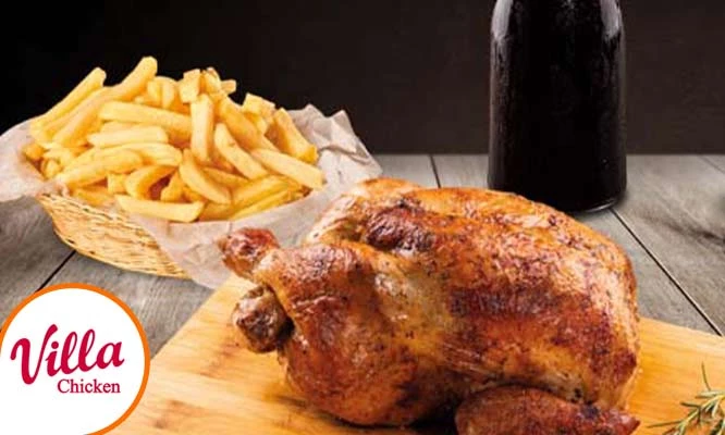 POLLO A LA LEÑA: 1 pollo + papas fritas + 1 lt. de bebida para CONSUMO EN SALON